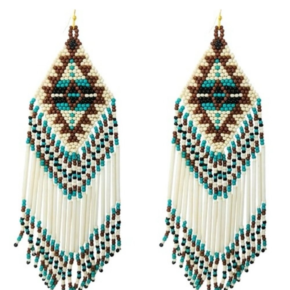 Elegant Beaded Fringe Earrings in Turquoise and Brown